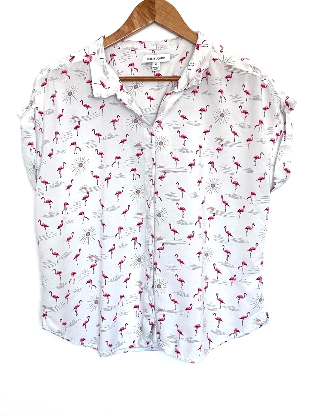 Alex & Jordan Shirt Women’s XL Flamingo Sun Button Up Short Sleeve Lightweight
